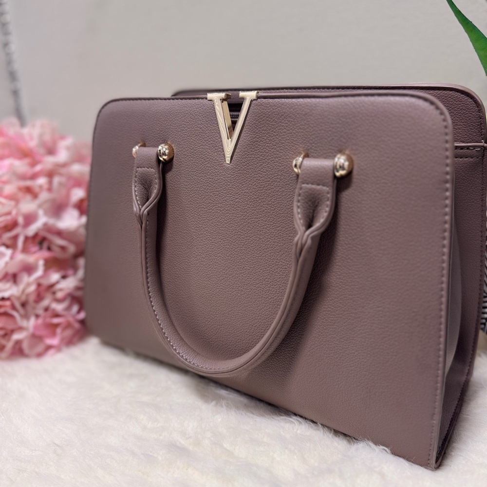 Elegant Taupe Handbag with Gold Accents